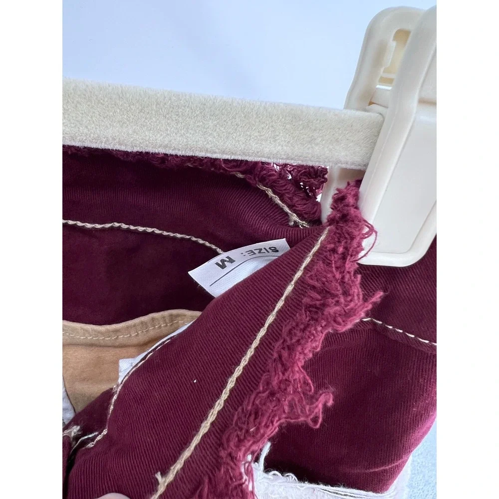 Patchwork Colorblock Jeans Burgundy Tan White Frayed Hem Size M NWT - Picture 5 of 9